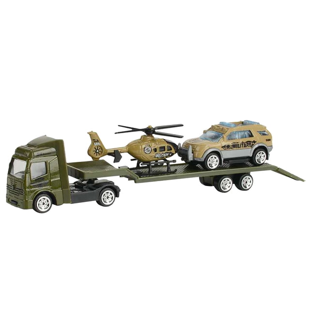 as show Military Flatbed Trailer Truck With Excavator Alloy Model Car Toy Set Window Box
