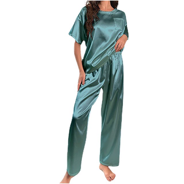 Ensembles 2 Pcs pour Femmes Été Col Rond Manches Courtes Poche Ajouter Pantalon Pyjama en Soie Glacée Ensembles de Détente d'Été pour Femmes en Liquidation