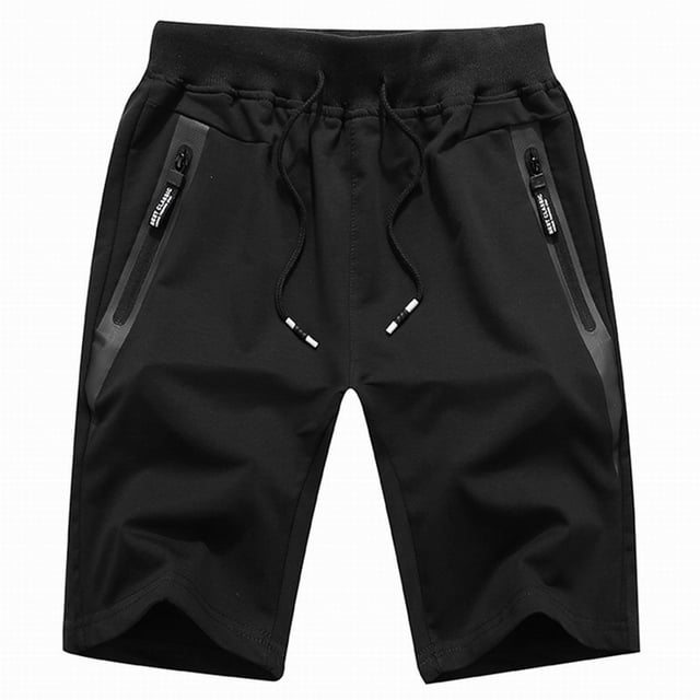 FcBaudy Mens Shorts, black polyester spring/summer sweatpants with a drawstring elastic waistband and two zippered side pockets. These men's joggers feature a loose quarter-length design, ideal for casual wear, lounging, running, or outdoor activities. Lightweight and comfortable, they combine practicality and style for men.