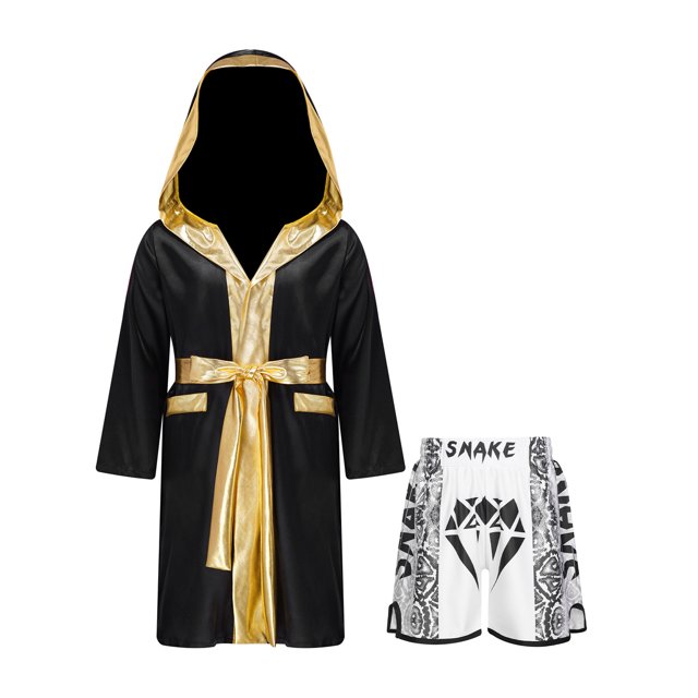 RUNQHUI Kids Boys Boxing Outfits Metallic Satin Hooded Robe Cloak and Shorts Set Boxer Party Fancy Dress B2 10