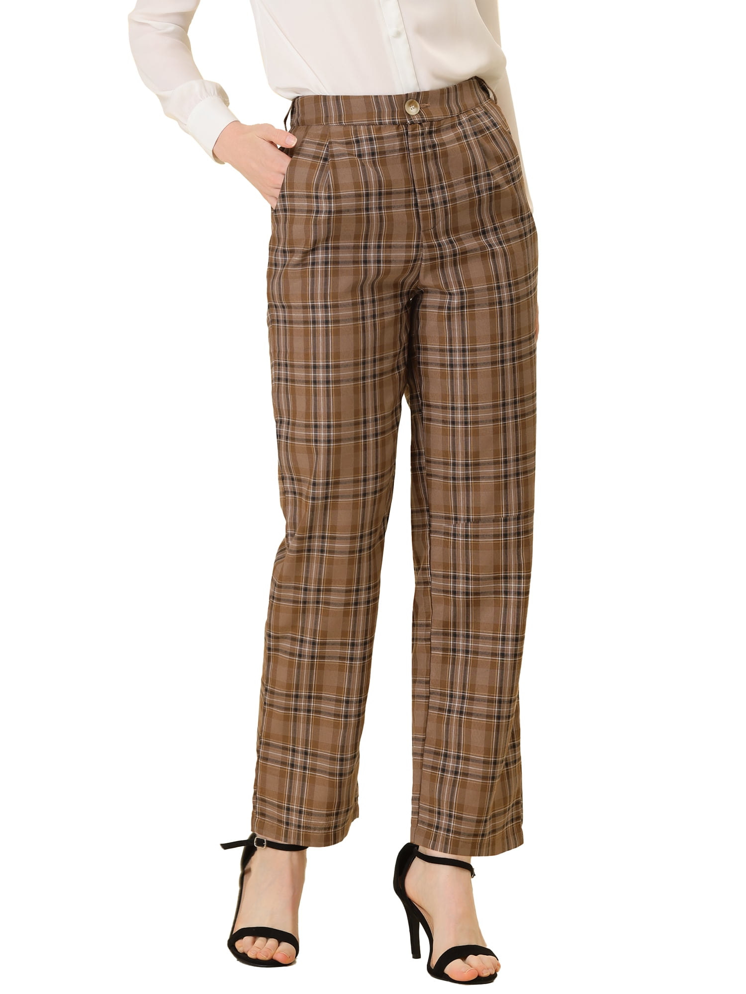 Unique Bargains Women's Plaid Trousers Pockets Straight Leg Pants Brown L