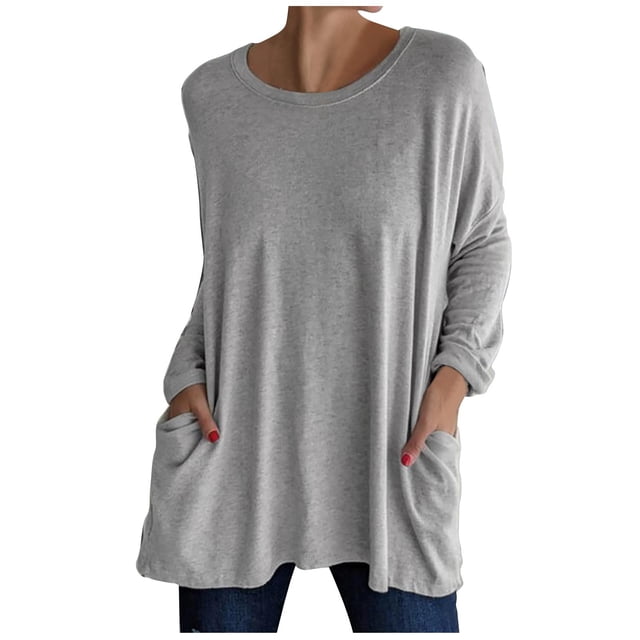 KIHOUT Spring Winter Womens Tops New Round Neck Long Sleeve Loose Pocket Solid Color Casual Top