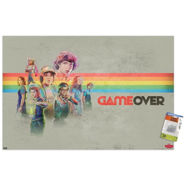 Netflix Stranger Things 3 - Affiche Murale Game Over avec Punaises, 14,725 Po x 22,375 Po, Présentant des Personnages Illustrés de la Série avec une Rayure Arc-en-Ciel Horizontale sur un Fond Gris Texturé et le Texte « Game Over » en Rouge et Noir, Imprimé sur Papier Lustré Idéal pour la Déco Murale de la Maison Ou du Bureau.