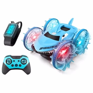 Voiture Acrobatique RC Amphibie Étanche, Camion RC Contrôlé par Gestes avec Lumières pour Cadeaux Garçons (Bleu)