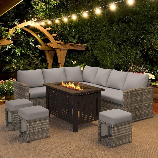 AECOJOY 7 Piece Patio Furniture Set with 43" Fire Pit Table, Outdoor Wicker Rattan Sectional Sofa Set with Ottoman and Cushions, Grey