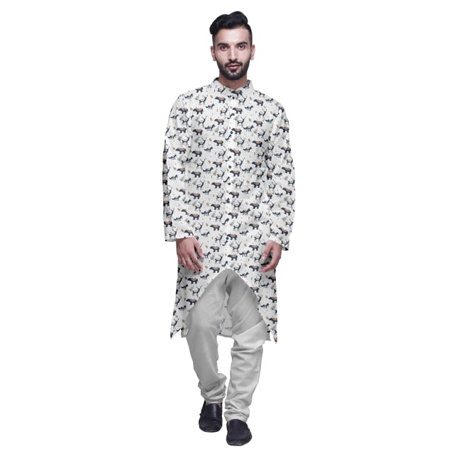 Atasi Kurta à Manches Longues Imprimé, Boutonné, Asymétrique, Kurta de Designer pour Garçons