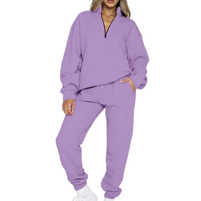 MAWCLOS Women Jogger Sets Long Sleeve Tracksuit Set Solid Color Two Piece Outfit Breathable Sports V Neck Sweatsuits Purple S