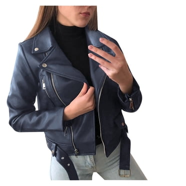 Kcodviy Women Cool Faux Leather Jacket Women Full Zip Jacket Long Sleeve Zipper Fossa Jacket Fitted Coat Fall Short Women's Plus Size Jacket