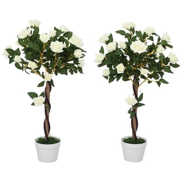 Outsunny Artificial Rose Tree Set of 2 with Realistic Flowers, White