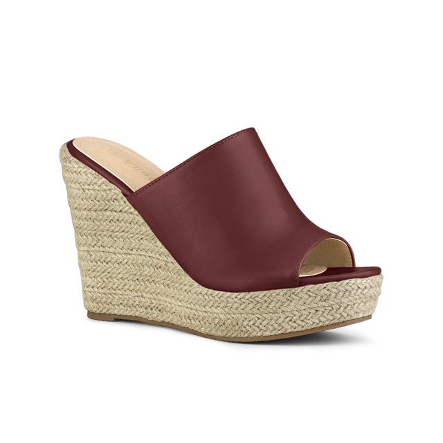 BLISSFUL STEP Chaussures pour Femmes Talon Compensé Bout Ouvert Espadrilles Mules à Plateforme Bourgogne 6