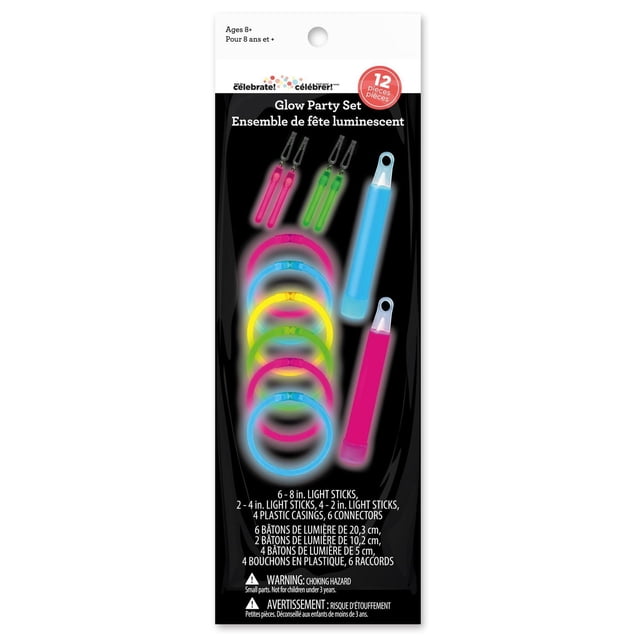 Way To Celebrate! Ensemble de Fête Multicolore Lumineux, 12 Pcs Comprenant 6 bracelets Lumineux Rose, Bleu, Jaune et Vert, 2 Grands Bâtons Lumineux, 4 Petits Bâtons Lumineux et 6 Connecteurs en Plastique dans un Emballage Suspendu Noir, Convient aux Cadeaux de Fête d'Anniversaire et aux Célébrations Nocturnes.