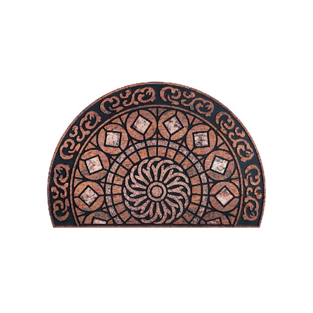 DEBGFS Clearance Half Circle Rug Front Door Mat with a semicircular design featuring intricate patterns in earthy tones. Made of durable rubber with a non-slip backing, measuring 23 x 36 inches and 0.5 inches thick. Ideal for outdoor entrances, patios, high-traffic areas, and as a decorative welcome mat for home decor.