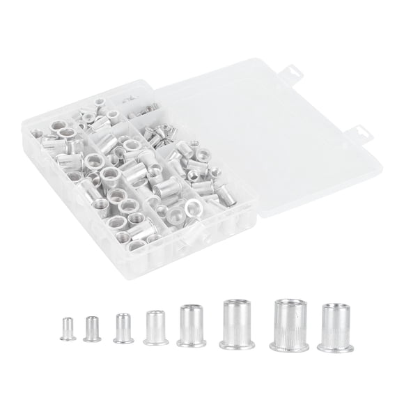 "175-Piece Aluminum Alloy Galvanized Rivet Nuts with Knurled Design for Easy Installation, Includes Plastic Case, Suitable for Steel, Plastic, and Fiberglass Applications"