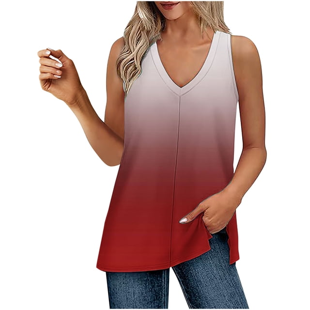 UPPADA Débardeurs d'Été pour Femmes à Col en V, à Lacets devant, T-Shirts, Chemises Sans Manches, Coupe Ample, Chemises Confortables, Tenues de Plage, Rouge, P