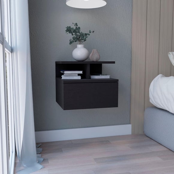 Depot E-Shop Seward Table de Chevet Flottante Murale avec Tiroir Simple et Étagère à 2 Niveaux Noir