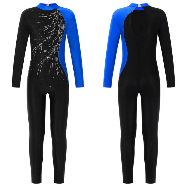 vastwit Kids Girls Rhinestones Full Body Dance Unitard One Piece Figure Ice Skating Jumpsuit Ballet Leotard Blue 12