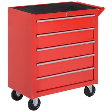 HOMCOM 5 Drawer Roller Tool Chest, Mobile Lockable Toolbox, Storage Organizer with Handle for Workshop Mechanics Garage, Red