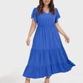 thumbnail image 4 of zanvin Robes d'Été Grande Taille pour Femmes Boho à Fleurs Maxi Longues Robe à Col en V à Manches Courtes Robes de Plage pour Fête Décontractée, Bleu, 4 of 5