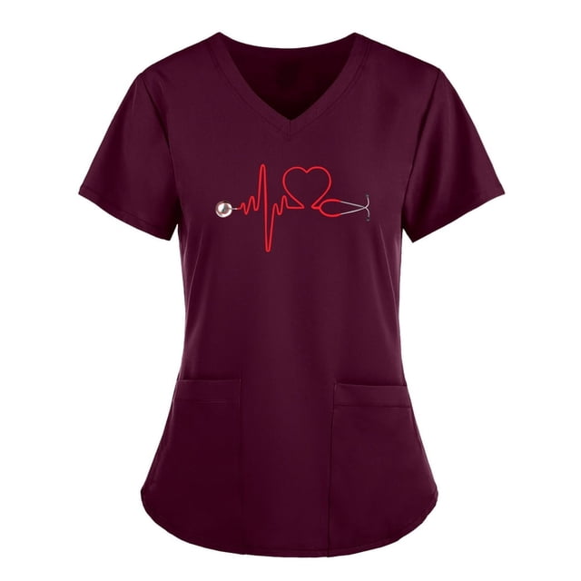 Women Short Sleeve V-neck Tops Nursing Working Uniform T-shirts