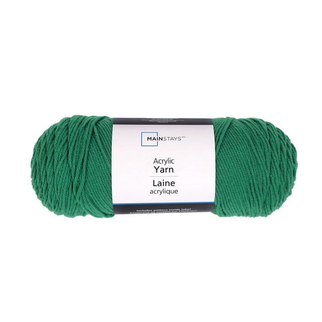 Mainstays Acrylic Yarn in vibrant green medium 4 worsted weight 7 oz skein with 397 yards, machine washable and suitable for hand knitting and crocheting apparel, accessories, and home decor projects.