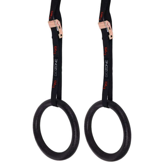 GoZone Gymnastics Rings with black textured rings hanging from adjustable black straps marked with red measurements and secured by metal buckles, designed for versatile bodyweight training to build upper-body and core strength at home, gym, or outdoors.