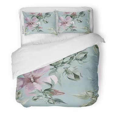 POGLIP Ensemble de Literie 3 Pcs Violet Pâle Hibiscus Branches Aquarelle Peinture à la Main sur Turquoise Housse de Couette Format Simple avec 2 Taies d'Oreiller pour Literie à la Maison Décoration de Chambre
