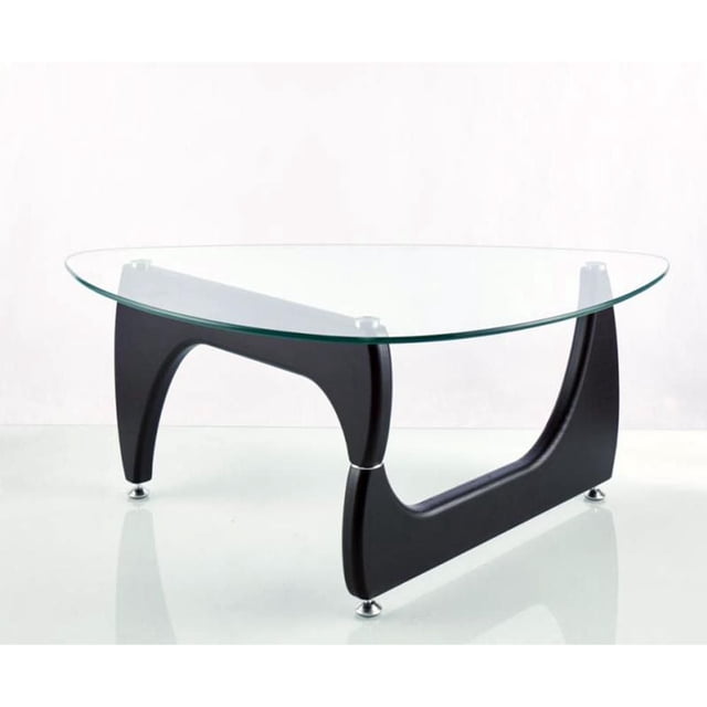 Heavenly Collection Table Basse Aspect Bois avec Dessus en Verre Trempé Transparent de 10 mm et Cadre Aspect Bois Massif Noir avec Pieds Courbés et Pieds-Disques Argentés, Présenté sur une surface Blanche Réfléchissante, Convient comme Centre de Table Moderne pour Salon.