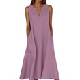 thumbnail image 1 of Ohufall Robe Femme en Coton et Lin à Col en V Sans Manches Décontractée Robe Débardeur Unie Confortable avec Poches Robe Midi d'Été Chic, 1 of 5