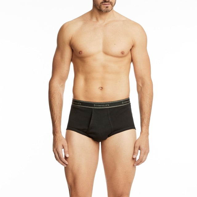 Stanfield's Men's 5-Pack Briefs in black worn by a front-facing male model from waist to mid-thigh, featuring a soft waistband with Stanfield's logo, tagless design, and functional fly, made from 100% combed cotton with moisture-wicking, breathable fabric for all-day comfort and freshness.