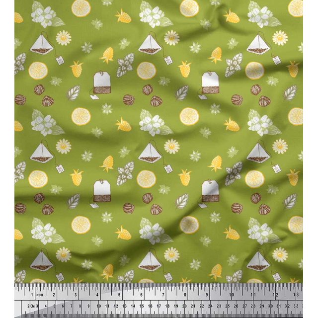 Soimoi Green polyester Crepe Fabric Tea Bag,Star Anise & Lemon Slice Vegetable Printed Fabric 1 Yard 42 Inch Wide