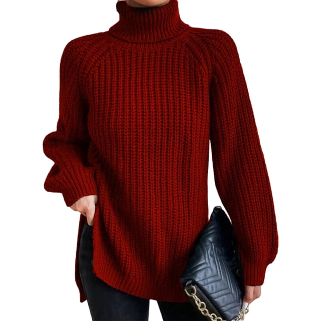 Innerwin Chandails à Col Roulé pour Femmes, Chandail de Travail à Manches Longues, Chandails Tricotés Amples, Rouge Vin