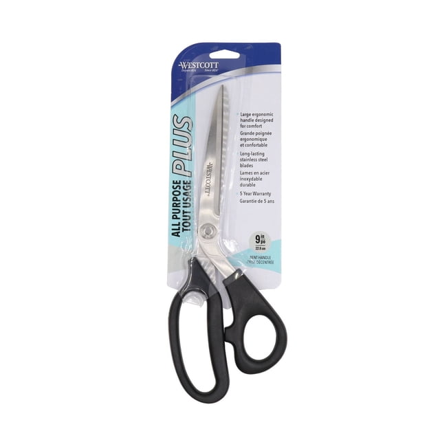 Westcott All Purpose Scissor with 9-inch rust-resistant stainless steel blades and large black ergonomic bent handle designed for comfort, lightweight and suitable for right or left-handed users, ideal for cutting light layers of fabric, felt, and paper in office or classroom use.