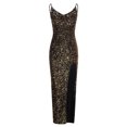 thumbnail image 4 of HKEJIAOI Liquidation d'Économies Robe de Bal Cadeau de Noël Robe pour Femme Robe de Soirée Aguichant Fendue Col en V à Paillettes Mode Sans Manches Été Or, 4 of 9