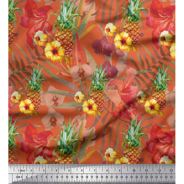 Soimoi Orange Poly Georgette Fabric Lily & Pine Fruits Print Fabric by Yard 52 Inch Wide