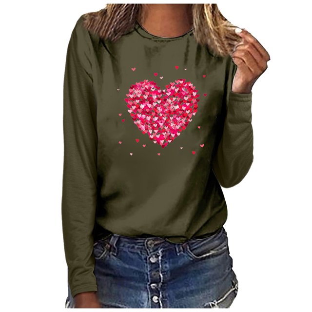 Qertyioot Chandail Cœur d'Amour Saint-Valentin Grande Taille, Haut à Manches Longues Imprimé à Col Rond pour Femmes