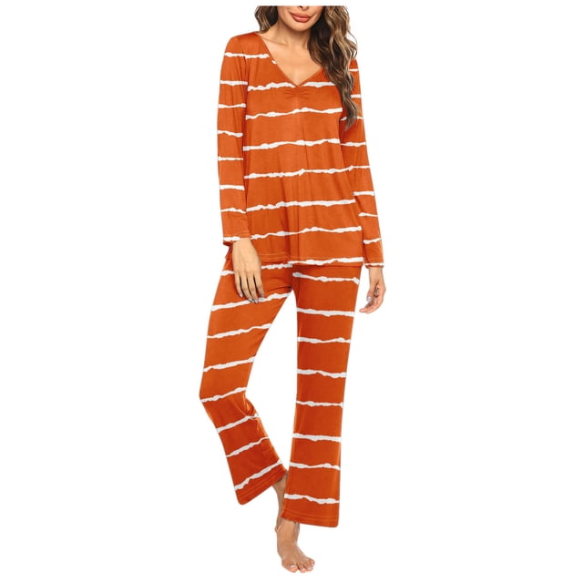 Timegard Ensembles de Pyjamas pour Femmes 2 Pcs à Rayures Manches Longues Col en V Haut Froncé et Pantalon Tenues de Pjs d'Automne