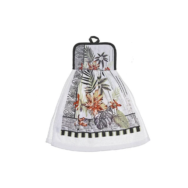 Serviette à Main à Nouer Tropicale Chic - Ensemble de 2 Présentant un Imprimé Tropical Multicolore de Fleurs et de Feuilles sur un Tissu en Coton Doux, Mesurant 15 par 17 Pouces, avec une Boucle Noire pour Suspendre, Idéal comme Linge de Cuisine et Souvent Utilisé comme Serviette à Main Décorative.