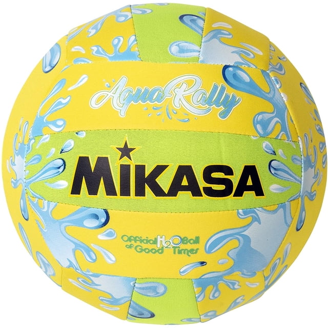 Mikasa Aqua Rally Series Volleyball in recreational size 5, featuring a vibrant yellow and green design with blue water splash patterns. Made with a stitched cover of 90% polyester and 10% rubber, it ensures durability and minimizes water leakage. The super-soft impact construction reduces injuries, making it suitable for all ages and skill levels. Ideal for recreational play at the beach, pool, park, or backyard. The ball is sold deflated, pump not included.