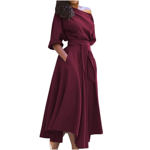 Robe Bandage pour Femmes Mode Féminine Décontractée Ample Bandage à Manches Mi-Longues Unie à Col en V Longueur Cheville en Couleur Bourgogne Foncé. la Robe Présente un design à Manches Mi-Longues, un Col en V et une Taille Ceinturée pour une Coupe Flatteuse. Fabriquée en Tissu polyester Doux et Respirant, Elle Offre Confort et Durabilité. Convient aux occasions Décontractées, aux Fêtes Ou au Travail, et Conçue pour Toutes les Saisons. la Robe Est Présentée dans une Vue Orientée vers l'Avant, Mettant en Valeur Sa silhouette Fluide Longueur Cheville.
