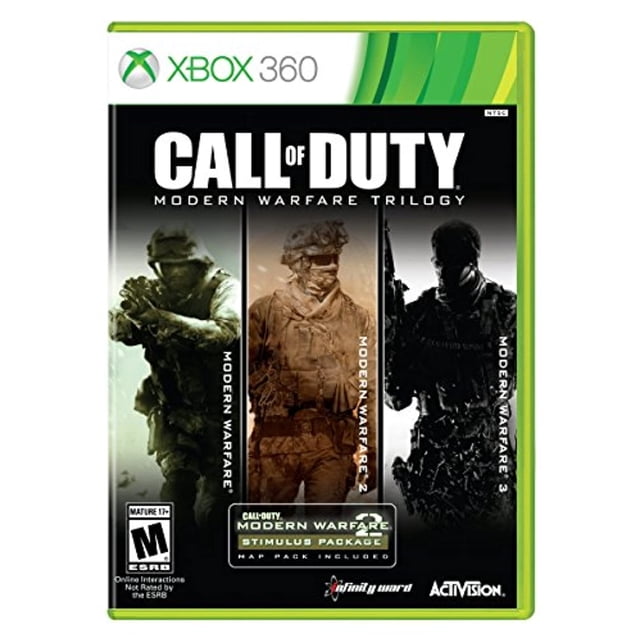 Call of Duty Modern Warfare Collection Trilogy for Xbox 360 by Activision, refurbished edition. The game case features the original cover artwork with three soldiers representing Modern Warfare, Modern Warfare 2, and Modern Warfare 3. Includes the game and case in very good condition, but no manual is included.
