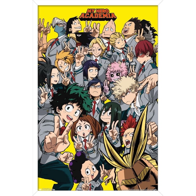 My Hero Academia - Affiche Murale Selfie, 22,375 Po x 34 Po Mettant en Vedette des Personnages d'Anime en Uniformes Scolaires en Pose avec des Signes de Paix sur un Fond Jaune Vif, Imprimée sur Papier Fini Satiné Lustré pour une Oeuvre Murale Vibrante Convenant aux Chambres, Résidences Étudiantes Ou Bureaux.