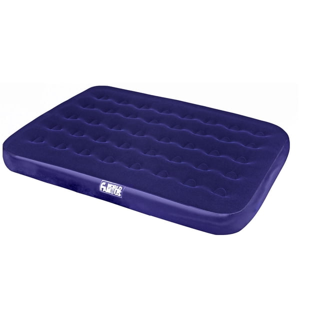 World Famous Velour Top Queen Air Bed in dark blue with soft flocked velour finish on top, coil beam construction, heavy gauge vinyl sides, and dual valve for inflation, sized 39 by 75 by 8.5 inches, ideal for camping gear or home use.
