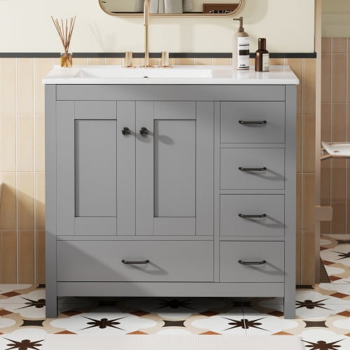 taoruifang 36 Inch Grey Freestanding Bathroom Vanity, Modern Vanity Cabinet with Ceramic Sink, 5 Drawers & 2 Soft-Close Doors