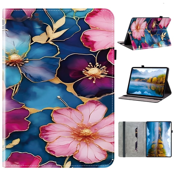 XYX Tablet Case for iPad (A16) 11th/10th Gen 11/10.9 inch 2025/2022 with S Pen Holder, Multi-Angle Stand, Card Slots, Blue Gold Flower