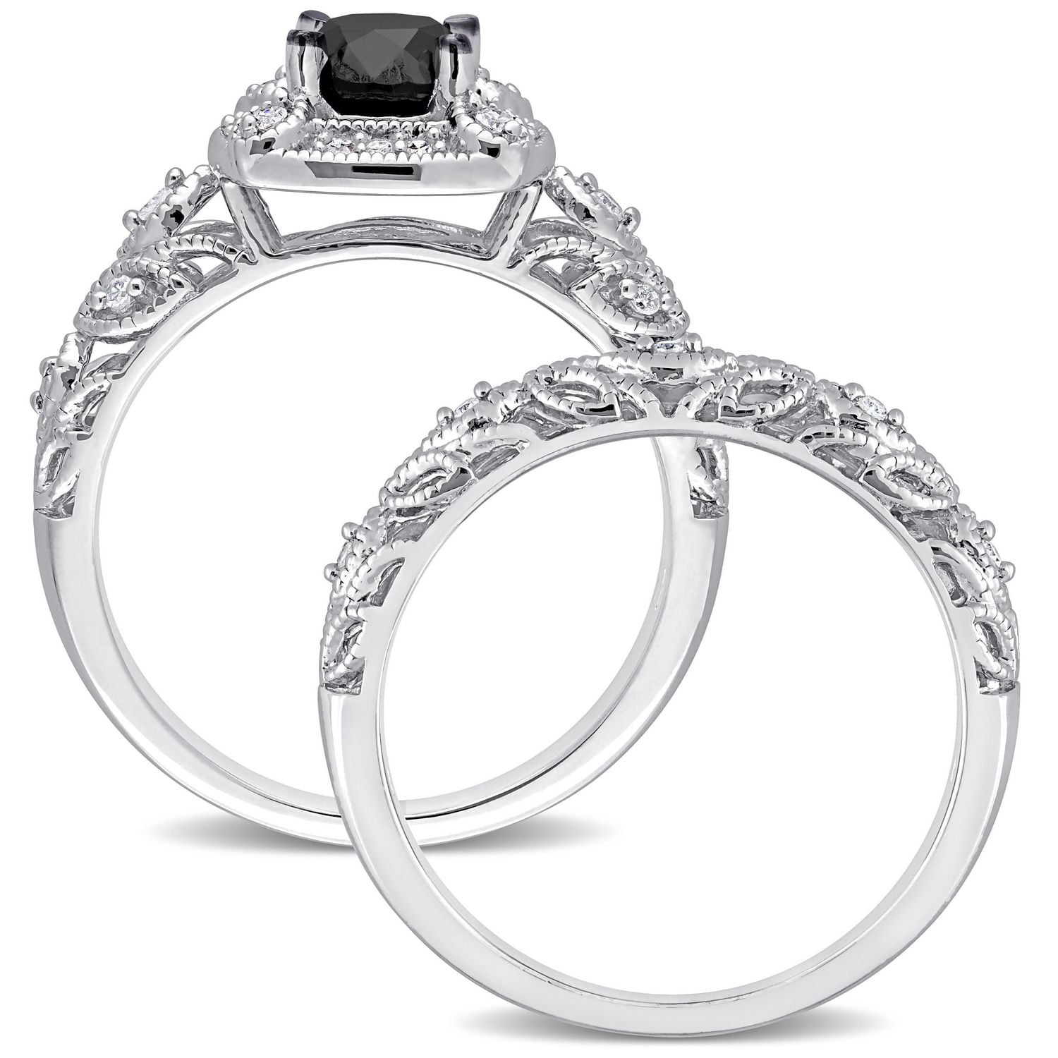 Ensemble nuptial filigrane à auréole de Miabella avec 1-1/6 carat poids total de diamants noir et blanc en argent sterling