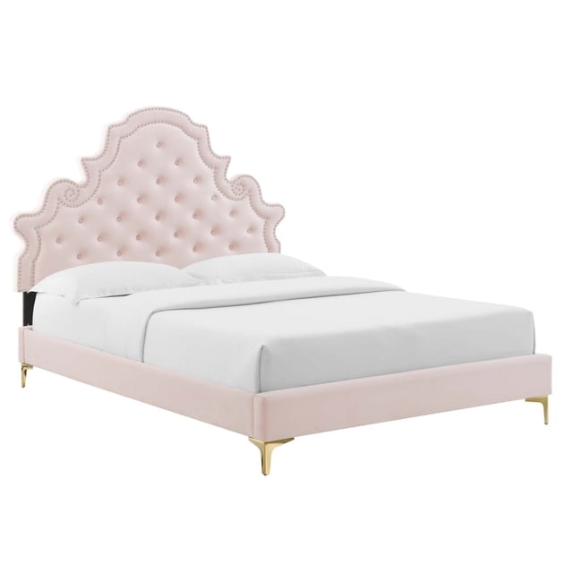 Fabric Upholstered Queen Size Tufted Bed with Gold Metal Legs Light Pink