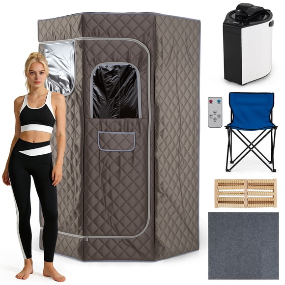 Gymax Sauna à Vapeur Portable 3 L, Chauffage Rapide, Pentagone, Grande Taille, Boîte de Sauna avec Télécommande, Gris