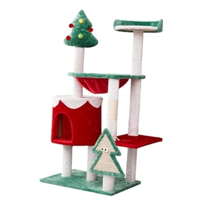 Yinanstore Arbre d'activité de chat, Exercice de chat , Table à gratter de chat thème de Noël, Maison de chat pour le centre d'activités Jouer au repos 50x40x110cm