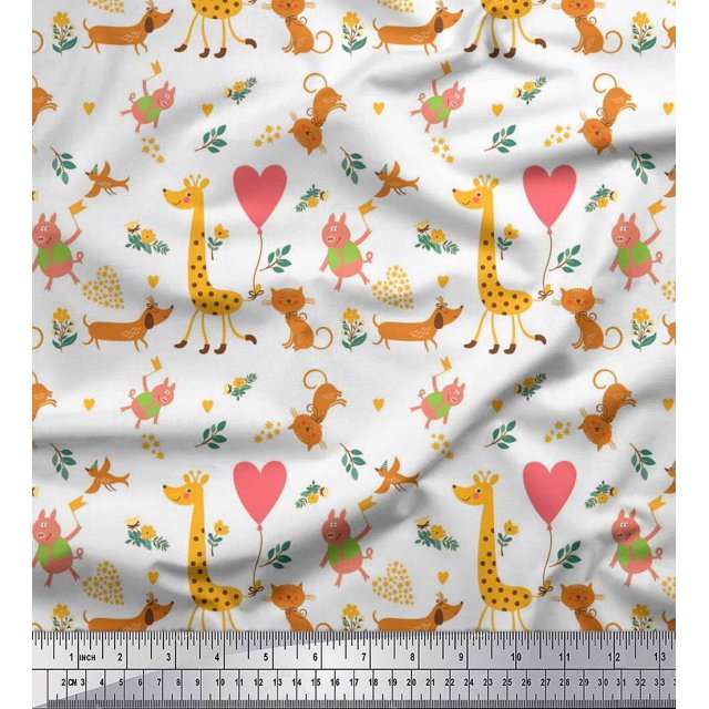 Soimoi Rayon Fabric Balloon,Floral & Cute Animals Cartoon Print Fabric by Yard 56 Inch Wide