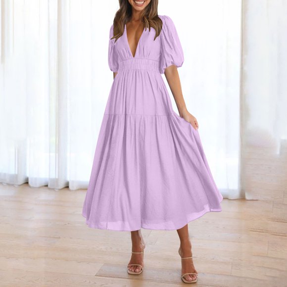 LOVZFMLL Ladies Casual Fashion Puff Sleeve V-Neck Long Dress Purple M